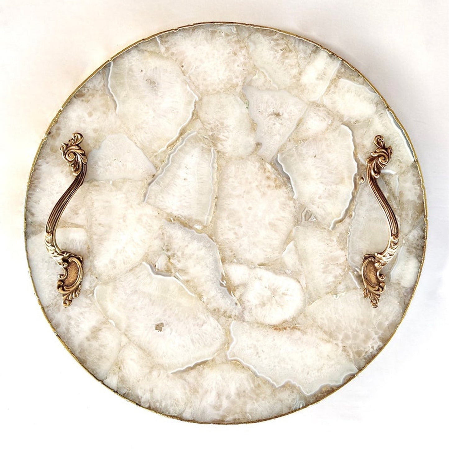 White Agate Serving Tray With Brass Handles | Circular |-0