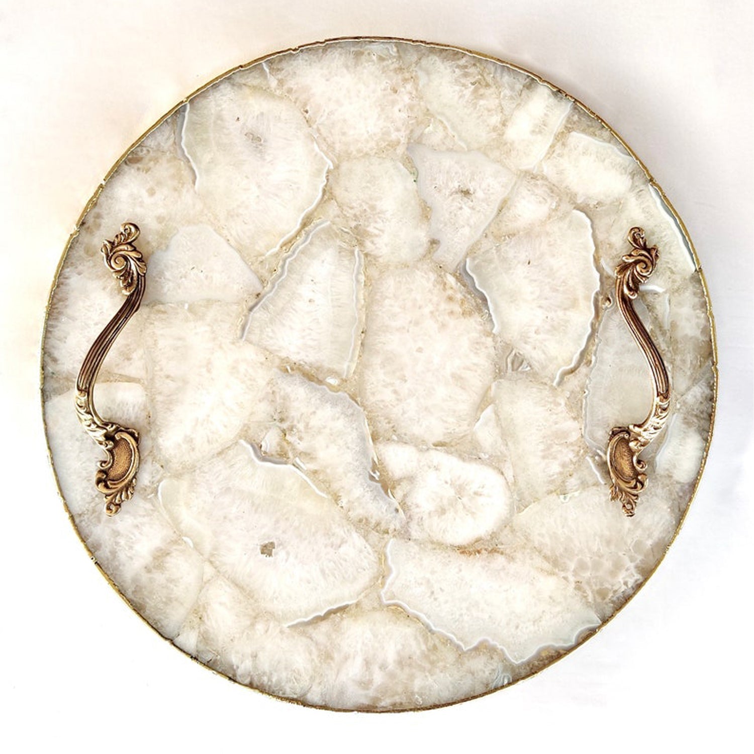 White Agate Serving Tray With Brass Handles | Circular |-0