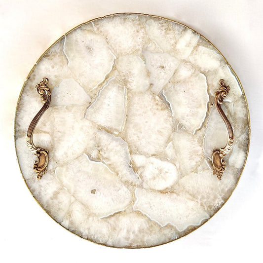 White Agate Serving Tray With Brass Handles | Circular |-0