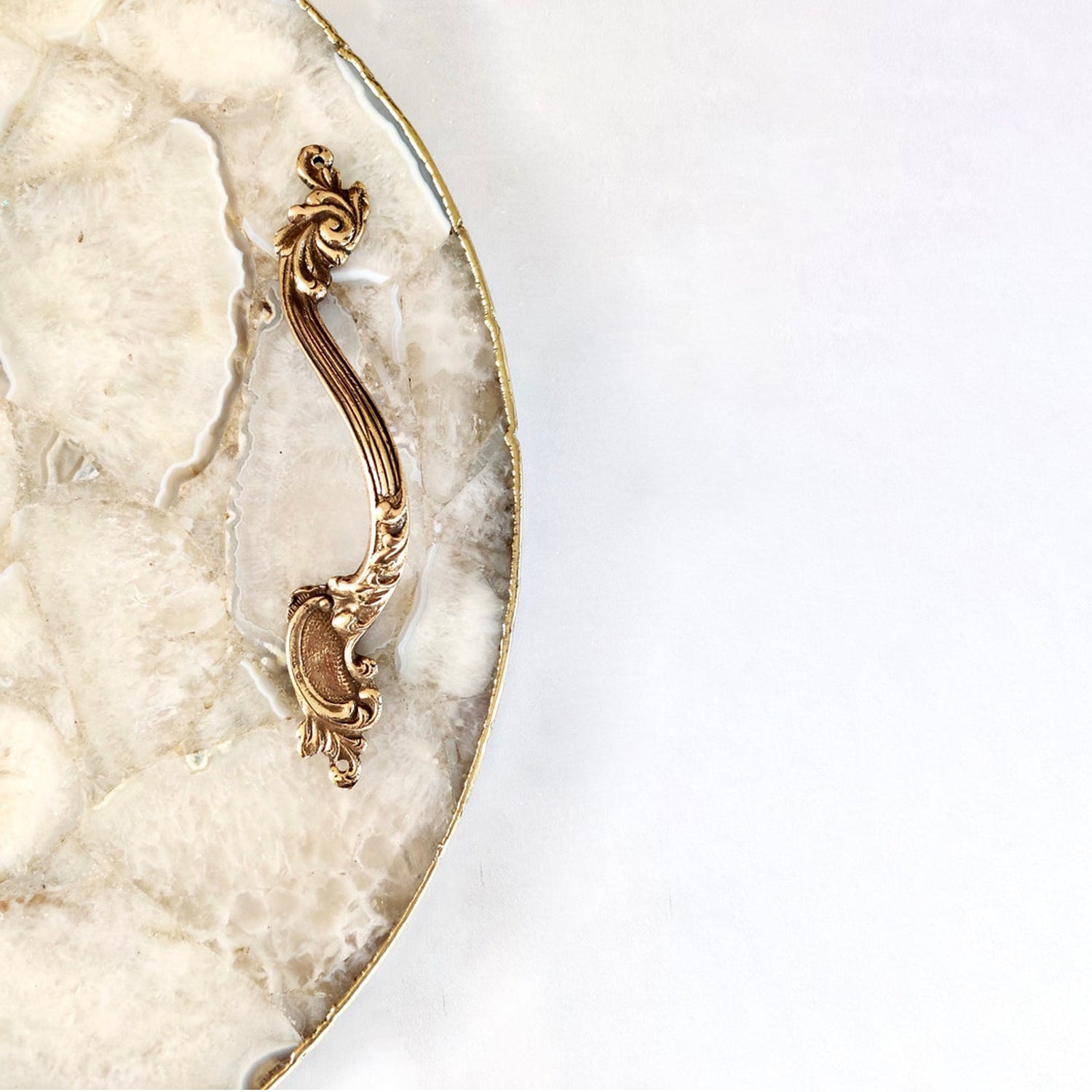 White Agate Serving Tray With Brass Handles | Circular |-1