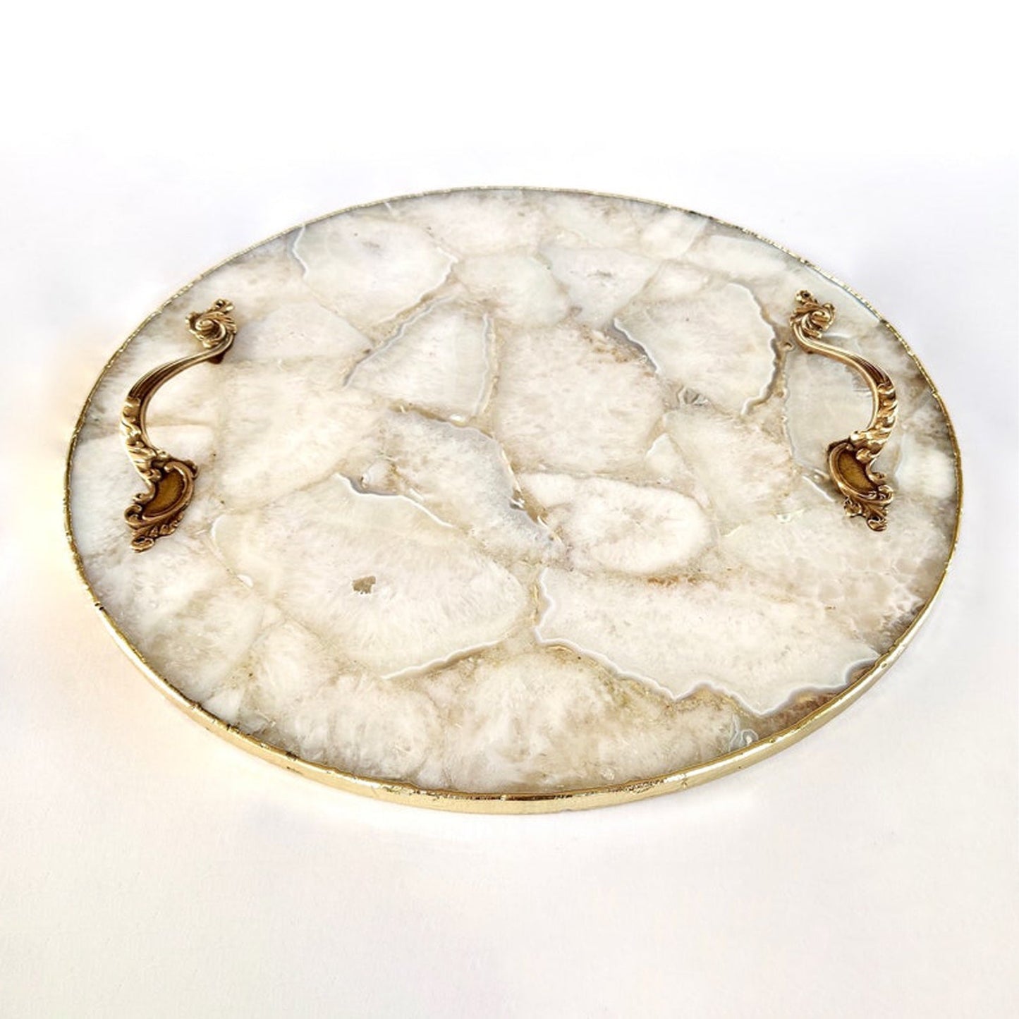 White Agate Serving Tray With Brass Handles | Circular |-2