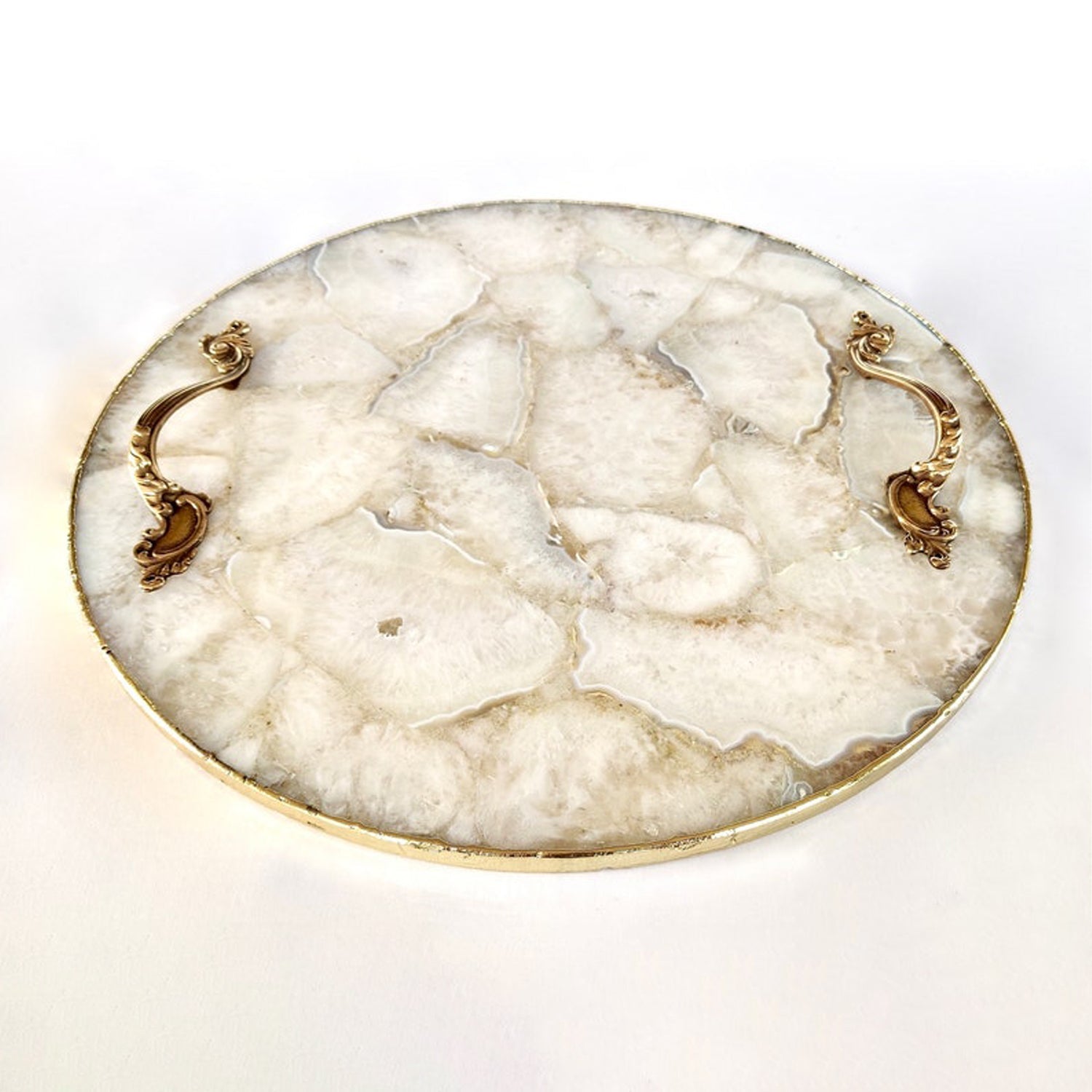 White Agate Serving Tray With Brass Handles | Circular |-2