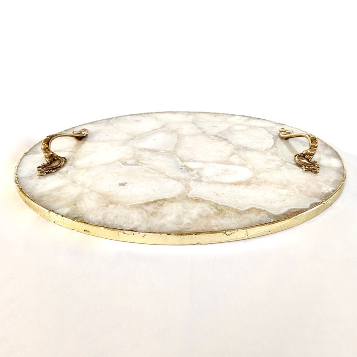 White Agate Serving Tray With Brass Handles | Circular |-3